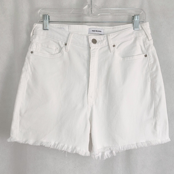 High Rise Optic White Raw Hem Denim Shorts - Picture 3 of 7